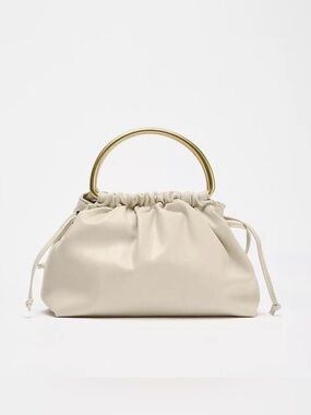 Zara NWT ivory Cream Ruched Top Handle Bag Gold Ring Handles